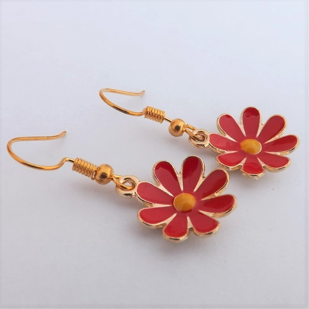 Red & Gold Tone Daisy Earrings