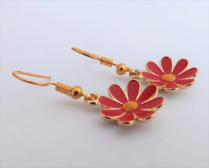 Red & Gold Tone Daisy Earrings