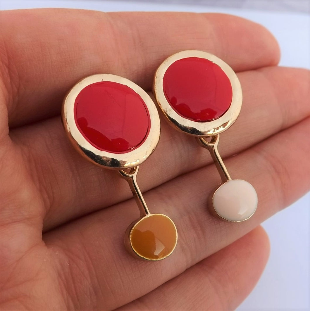 Red & Gold Tone Drop Earrings on Stud Setting