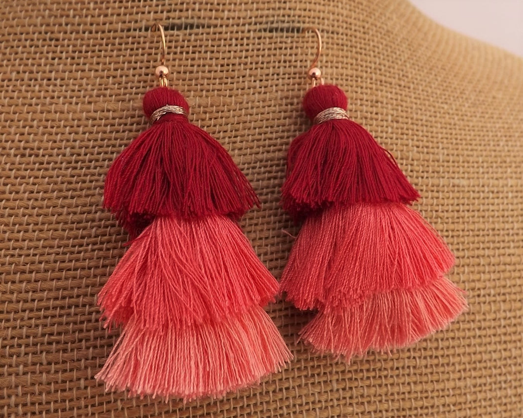 Red & Orange Triple Layered Tassel Earrings