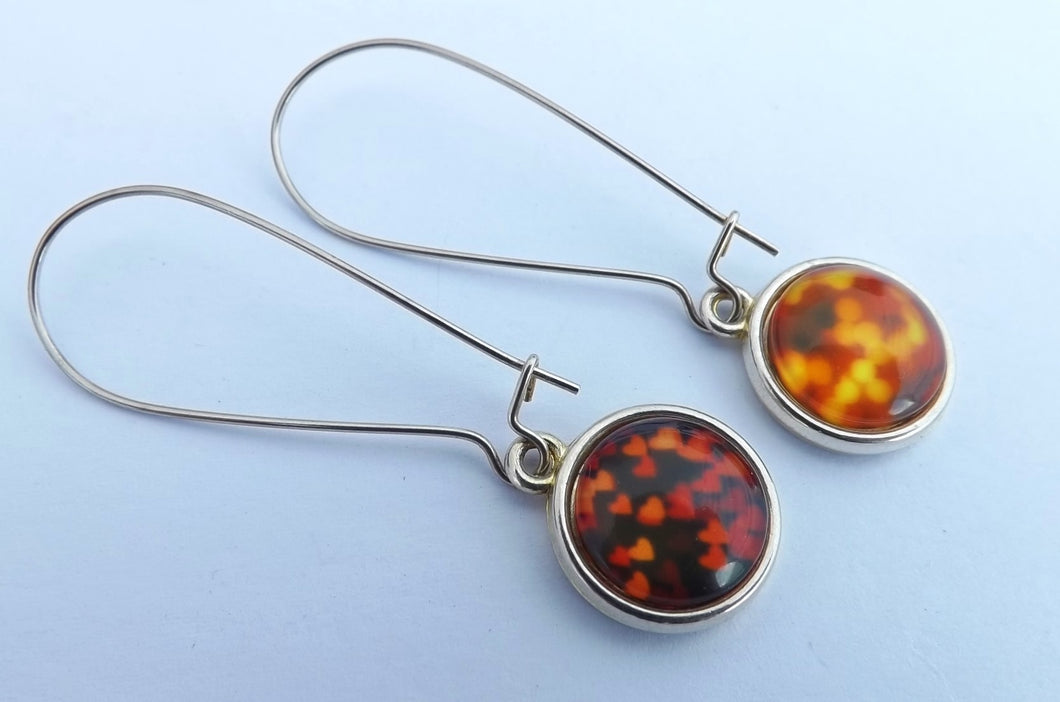 Red, Orange & Black Double Sided Dome Earrings on Long Kidney Hooks