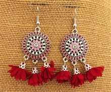 Load image into Gallery viewer, Silver Tone Chandelier Earrings with Flower Posy Tassel Drops (multiple colour options)
