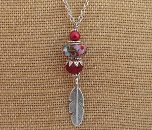 Red & Silver Long Art Glass Bead Pendant