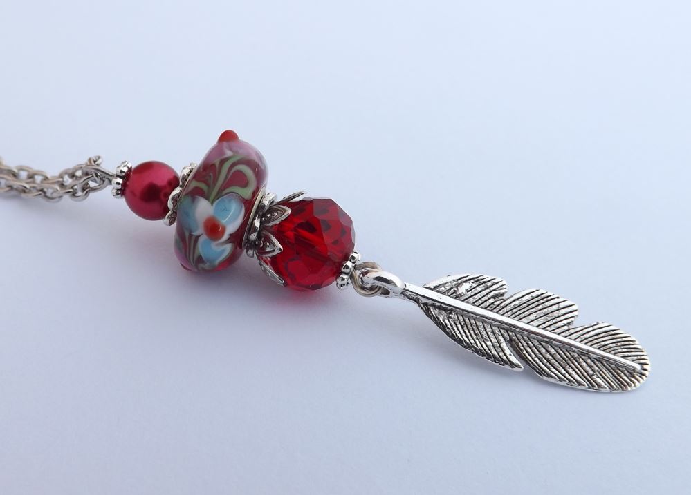 Red & Silver Long Art Glass Bead Pendant