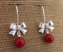 Load image into Gallery viewer, Red &amp; Silver Tone Bow, Drop Earrings
