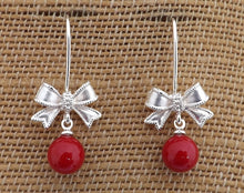 Load image into Gallery viewer, Red &amp; Silver Tone Bow, Drop Earrings
