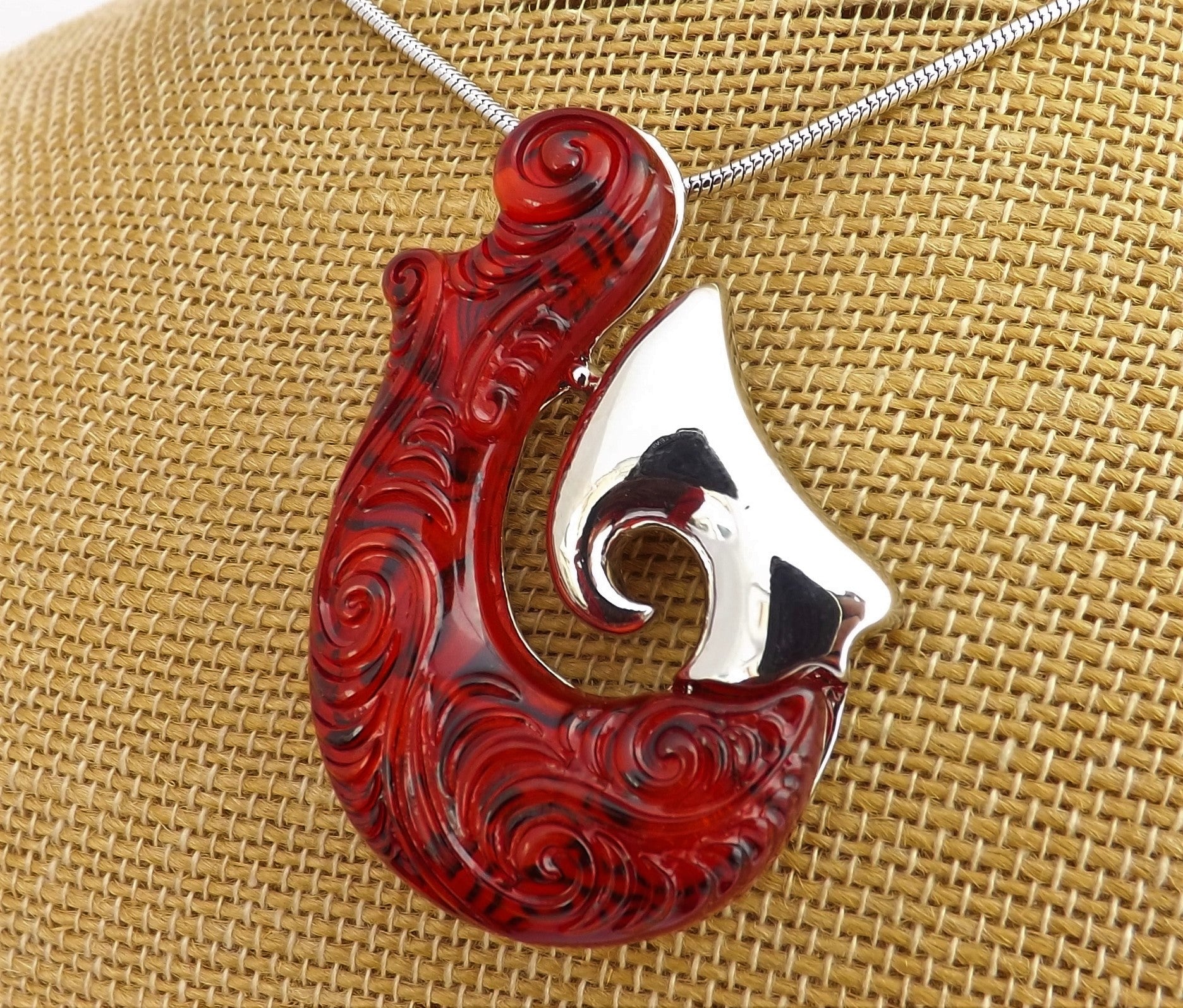 Red & Silver Tone Fish Hook Pendant Necklace