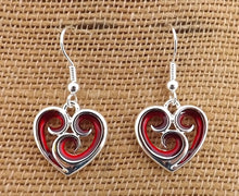Load image into Gallery viewer, Red &amp; Silver Tone Spiraled Heart Drop Earrings
