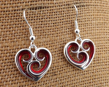Load image into Gallery viewer, Red &amp; Silver Tone Spiraled Heart Drop Earrings
