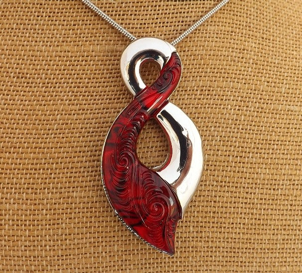 Red & Silver Tone Twist Pendant Necklace