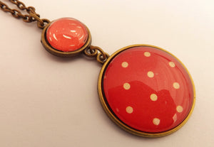 Red & White Polka Dots Bronze Tone Double Dome Pendant Necklace