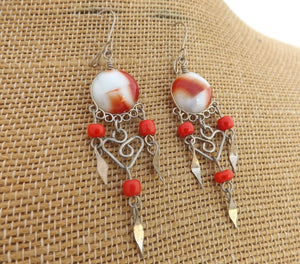 Red, White & Gold Tone Retro Drop Earrings