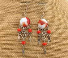 Load image into Gallery viewer, Red, White &amp; Gold Tone Retro Drop Earrings
