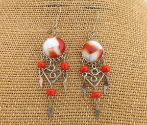 Red, White & Gold Tone Retro Drop Earrings