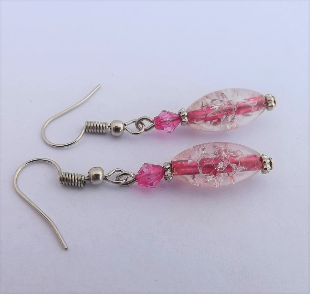 Rich Pink Shatter Look Oblong Bead Earrings