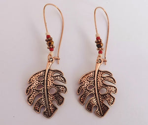 Rose Gold Tone Leaf Drop Earrings on Long Kidney Hook