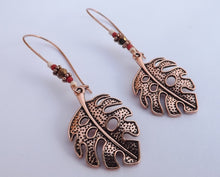 Load image into Gallery viewer, Rose Gold Tone Leaf Drop Earrings on Long Kidney Hook
