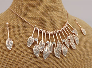 Rose Gold Tone & Faux Diamond Leaf Necklace & Earrings Matching Set