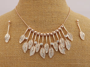 Rose Gold Tone & Faux Diamond Leaf Necklace & Earrings Matching Set