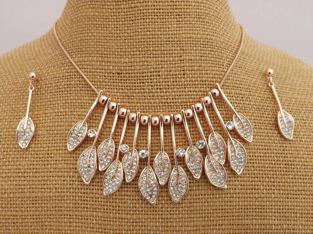 Rose Gold Tone & Faux Diamond Leaf Necklace & Earrings Matching Set