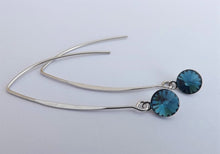 Load image into Gallery viewer, Round Blue Crystal Teardrop Earrings on Long Silver Tone Kidney Hooks
