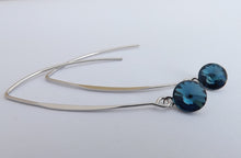 Load image into Gallery viewer, Round Blue Crystal Teardrop Earrings on Long Silver Tone Kidney Hooks
