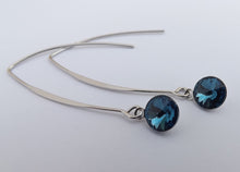 Load image into Gallery viewer, Round Blue Crystal Teardrop Earrings on Long Silver Tone Kidney Hooks

