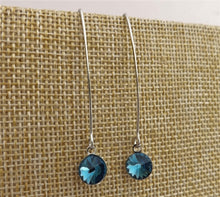 Load image into Gallery viewer, Round Blue Crystal Teardrop Earrings on Long Silver Tone Kidney Hooks
