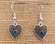 Load image into Gallery viewer, Blue &amp; Silver Tone Heart Drop Earrings
