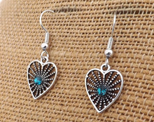 Load image into Gallery viewer, Blue &amp; Silver Tone Heart Drop Earrings
