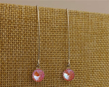 Load image into Gallery viewer, Round Bright Pink Crystal Teardrop Earrings on Long Silver Tone Kidney Hooks
