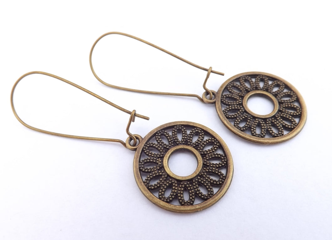 Round Bronze Tone Earrings on Long Kidney Hooks