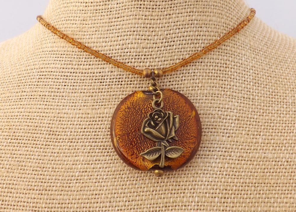 Round Brown Foil Necklace with Bronze Tone Rose