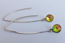 Load image into Gallery viewer, Round Green &amp; Pink Crystal Teardrop Earrings, Long Silver Tone Kidney Hooks
