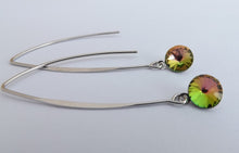 Load image into Gallery viewer, Round Green &amp; Pink Crystal Teardrop Earrings, Long Silver Tone Kidney Hooks

