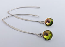 Load image into Gallery viewer, Round Green &amp; Pink Crystal Teardrop Earrings, Long Silver Tone Kidney Hooks
