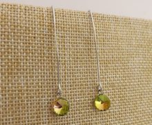 Load image into Gallery viewer, Round Green &amp; Pink Crystal Teardrop Earrings, Long Silver Tone Kidney Hooks

