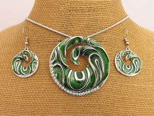 Round Green & Silver Tone Pendant Necklace & Earrings Set