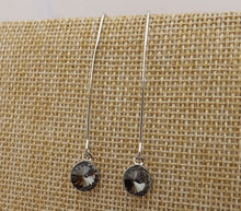 Load image into Gallery viewer, Round Grey Crystal Teardrop Earrings on Long Silver Tone Kidney Hooks
