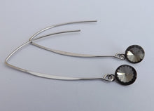 Load image into Gallery viewer, Round Grey Crystal Teardrop Earrings on Long Silver Tone Kidney Hooks
