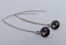 Load image into Gallery viewer, Round Grey Crystal Teardrop Earrings on Long Silver Tone Kidney Hooks
