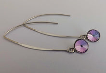 Load image into Gallery viewer, Round Pink &amp; Purple Crystal Teardrop Earrings on Long Silver Tone Kidney Hooks
