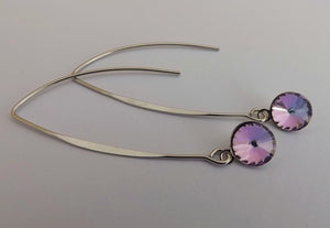 Round Pink & Purple Crystal Teardrop Earrings on Long Silver Tone Kidney Hooks