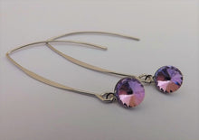 Load image into Gallery viewer, Round Pink &amp; Purple Crystal Teardrop Earrings on Long Silver Tone Kidney Hooks
