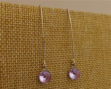 Load image into Gallery viewer, Round Pink &amp; Purple Crystal Teardrop Earrings on Long Silver Tone Kidney Hooks
