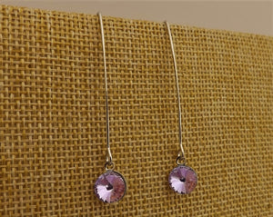 Round Pink & Purple Crystal Teardrop Earrings on Long Silver Tone Kidney Hooks