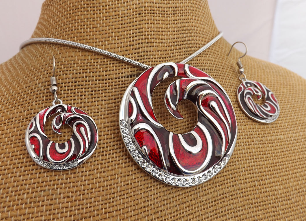 Round Red & Silver Tone Pendant Necklace & Earrings Set