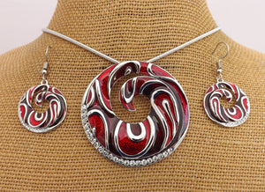 Round Red & Silver Tone Pendant Necklace & Earrings Set