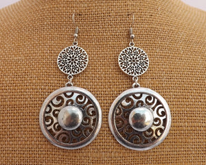 Large Round Silver Tone Double Drop Earrings