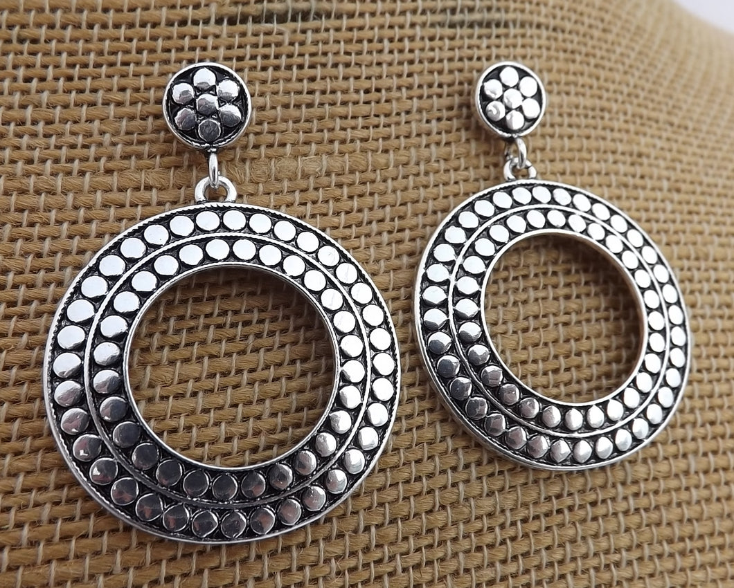 Round Silver Tone Drop Earrings on Stud Setting